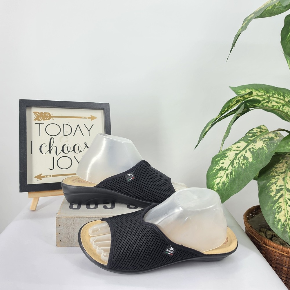 Fly Flot Atella Elastic Black Mesh Leather Insole Mules Slip On Comfort Shoes 40